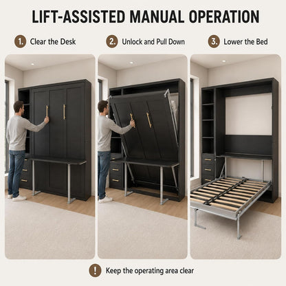 Black Queen Murphy Bed with Desk, 1 Storage Cabinet, 3 Drawers6