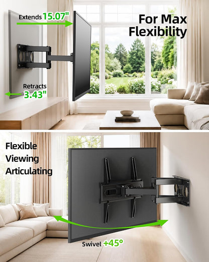 TV Wall Mount for 32-74 Inch Flat Screen/Led/4K up to 110Lbs, Full Motion TV Mount Bracket with Swivel & Tilt Articulating Dual Arms, Max VESA 400X400Mm, Fits 12/16" Wood Studs4