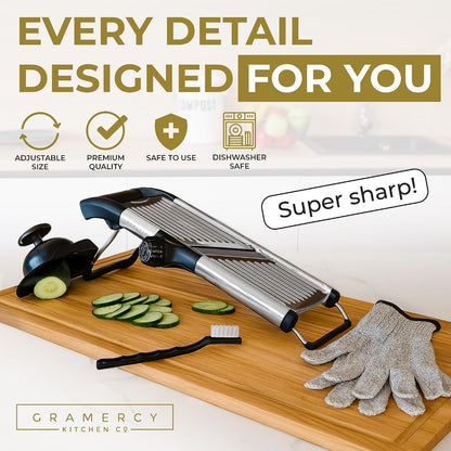 Gramercy Mandoline Slicer for Kitchen with 12 Slice Settings, Black Edition | Slice from Paper-Thin to Thick-Cut with Stainless Steel Frame and Rotating Blade, Non-Slip Base, Gloves and Guard Included2