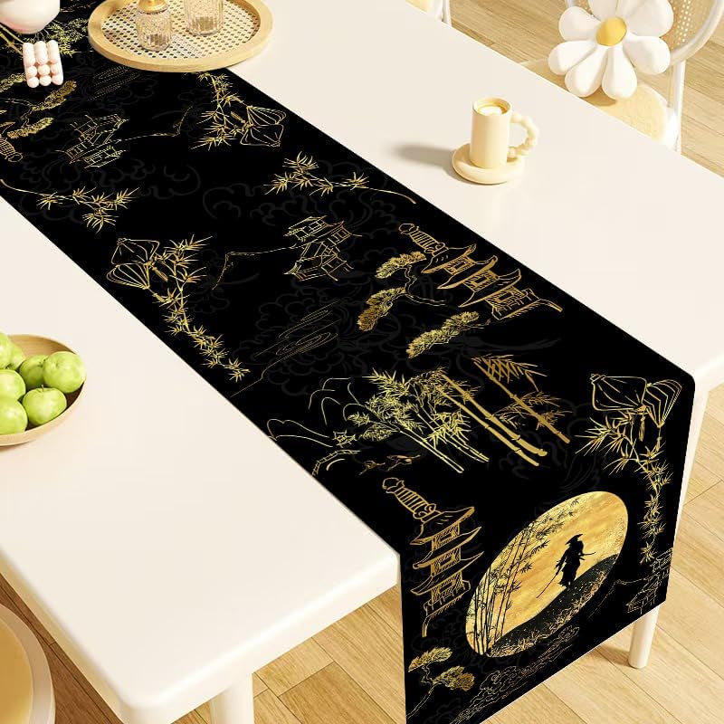 japanese-samurai-table-runner-black-and-gold-bamboo-asian-zen-decor-premium-linen-dining-table-cover-for-home-kitchen-party-13x108-inch