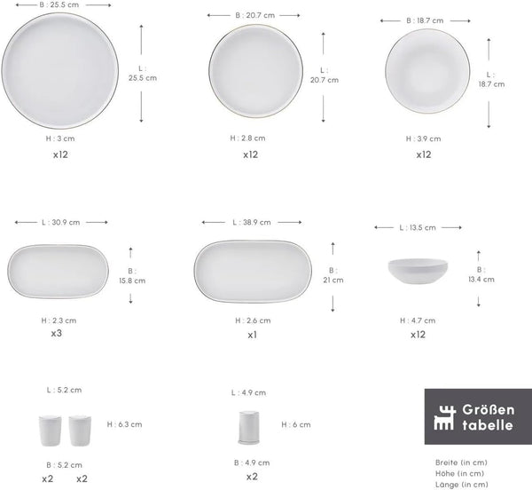 Streamline New Saturn 59-Piece Dinnerware Set for 12 People,New Generation Bone, Dinner Plates, Pasta Bowls,Salad/Cereal Bowls,Side Plates, Serving Platters,Porcelain Crockery Set, White Gold10