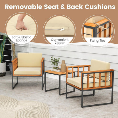 3 Pieces Patio Chair Set, Acacia Wood Outdoor Sofa Set with Metal Support, Soft Seat & Back Cushions Included, Cushioned Bistro Set for Balcony, Porch, Backyard (Beige)6