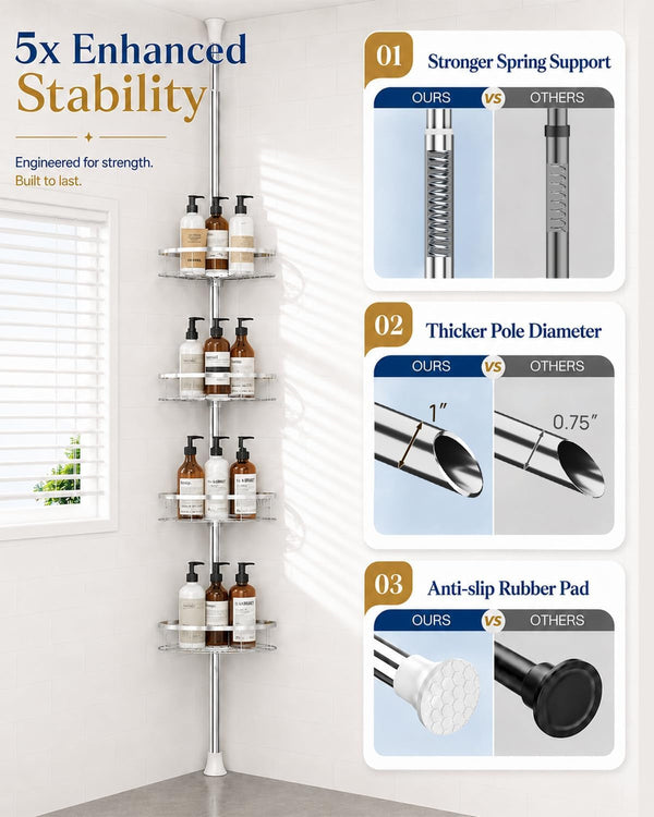Rustproof Corner Shower Caddy Tension Pole for Bathroom Organizers4