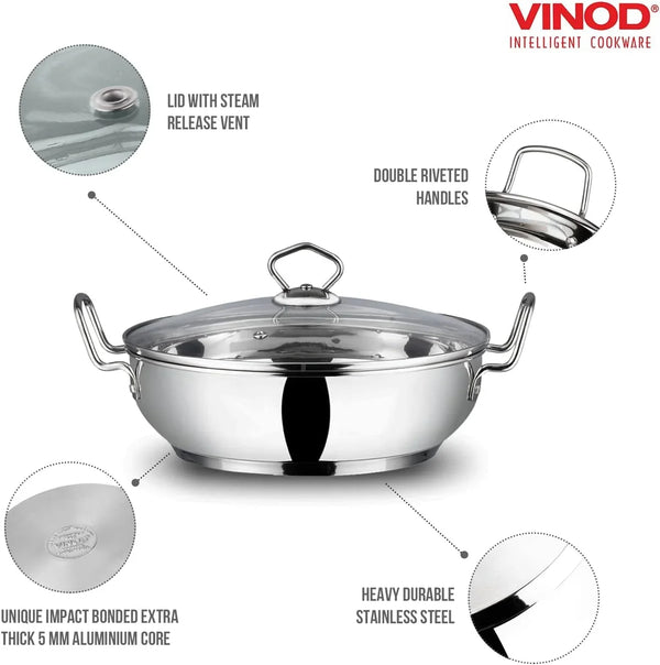 Stainless Steel Kadhai with Tempered Glass Lid, 20Cm, Premium Quality | 2 Litre Induction-Friendly Multi-Use Pot for Sauces, Deep Frying and Stews; Indian Cooking Essential4