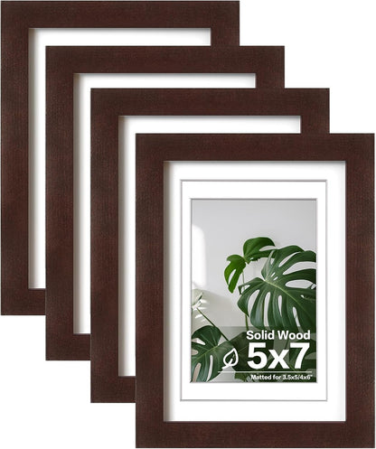 5X7 Picture Frames Made of Solid Wood with Plexiglass, Display Pictures 3.5X5/4X6 with Mat or 5X7 without Mat Set of 4 for Tabletop and Wall Mounting, Walnut Color1