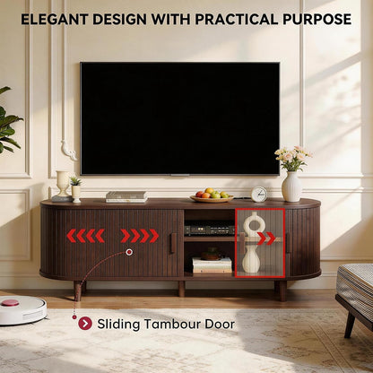 65" Mid Century Modern TV Stand with Power Outlet, Fluted Entertainment Center with Storage and Adjustable Shelves, Wood TV Console with Sliding Doors for Living Room, Walnut5