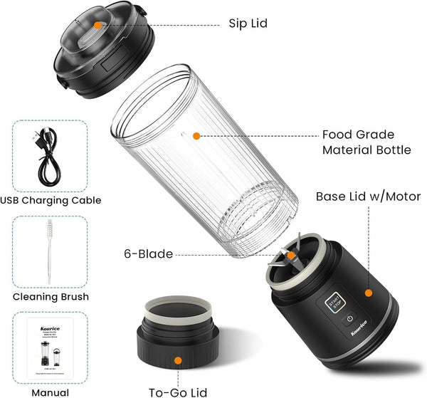 Personal Size Portable Blender for Shakes & Smoothies, 16Oz Mini Small Smoothie Blender with on Go Lid & Sip Lid, 26000RPM Rechargeable Cordless Electric Blender for Travel Gym Office (Black)8
