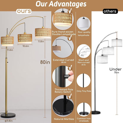 80'' Gold Rattan Arc Floor Lamp for Living Room, 3-Light Boho Tree Lamp | Heavy Natural Marble Base, 1/2/3-Light Rotary Switch,Double-Layer Wicker/Fabric Shades for Reading Corners,8 Ft+ Ceilings3