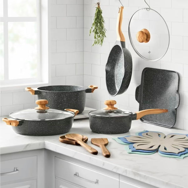 Pioneer Woman Prairie Signature 14-Piece Cast Aluminum Cookware Set, Charcoal Speckle2