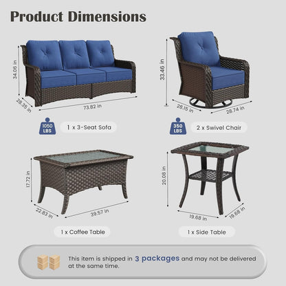 5 Piece Wicker Patio Furniture Set, High Back Outdoor Couch with Swivel Chairs & Coffee Table, 6" Thick Cushion Patio Conversation Sets with Deep Seating for Yard, Deck (Blue)2