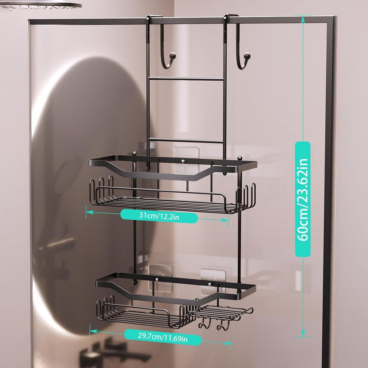 hanging-shower-caddy-over-the-door-with-soap-holder-no-drilling-adhesive-shower-organizer-with-11-hooks-rustproof-waterproof-304-stainless-steel-bathroom-shelves-black