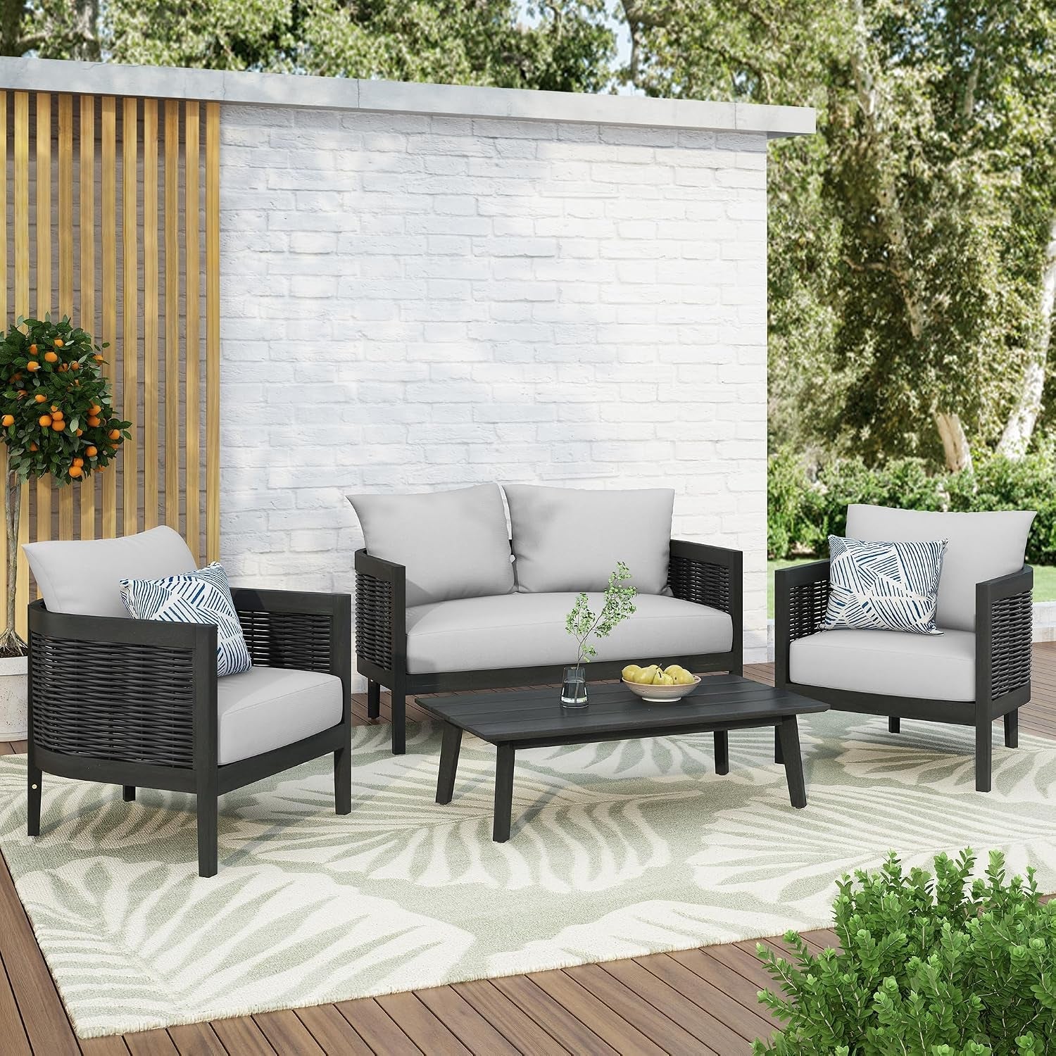 peron-patio-4-seater-conversation-set-sofa-loveseat-2-club-chairs-coffee-table-cushion-back-pillows-acacia-wood-wicker-garden-backyard-poolside-black-light-grey