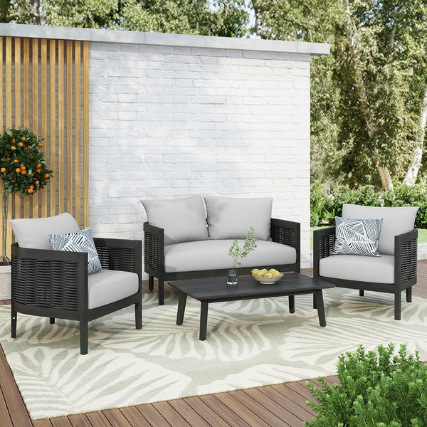 Peron Patio 4-Seater Conversation Set, Sofa/Loveseat, 2 Club Chairs, Coffee Table, Cushion+Back Pillows, Acacia Wood+Wicker, Garden, Backyard, Poolside, Black + Light Grey1