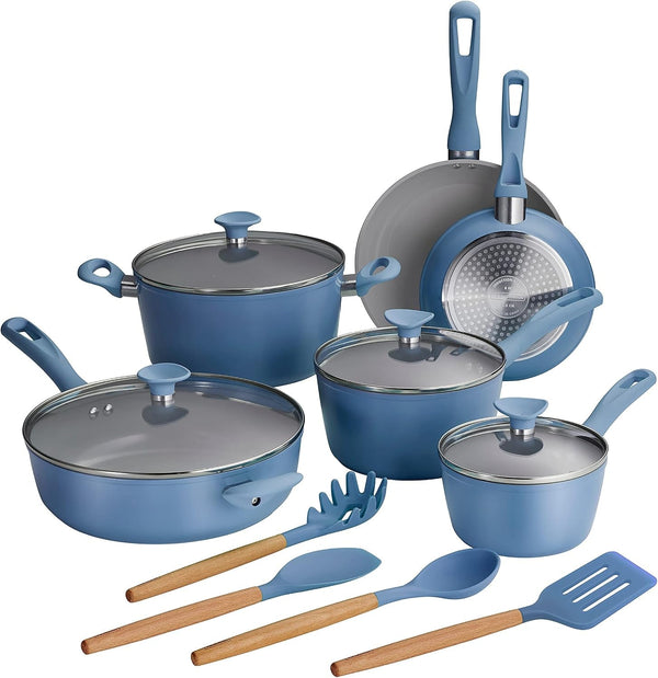 Solara 14-Pc Ceramic Non Stick Pots and Pans Set with Lids | Heavy-Gauge Aluminum Cookware Kitchen Set with Ceramic Nonstick Coating, Dishwasher and Oven Safe - Blue1