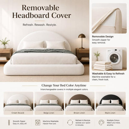 Round Bed – Washable Zip Cover - Upholstered Linen Premium Soft Foam - Modular Minimalist Modern - Half Circle Moon - Sold Sold Separately (Brown Linen Premium, King Headboard)5