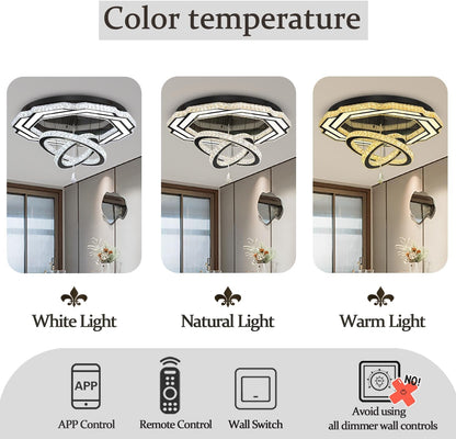 Large Crystal Chandelier Dia 48" Black Ring Crystal Chandelier Flush Mount Ceiling Light for Living Room Foyer Hallway Dimmable LED 3 Rings Celing Lighting3