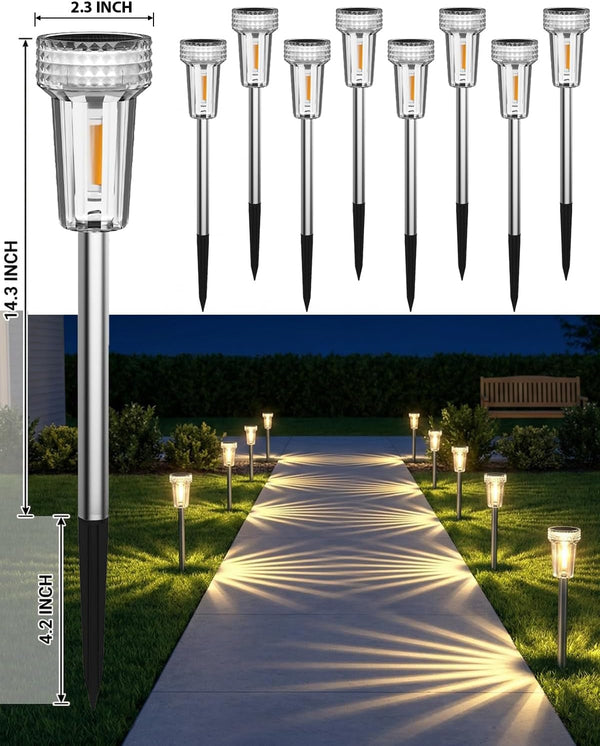 12 Pack Solar Pathway Lights Outdoor, Solar Powered Garden Lights Auto On/Off, Waterproof Stainless Steel Pole Landscape Lighting for Path, Yard, Walkway, Driveway Decor - Warm White5