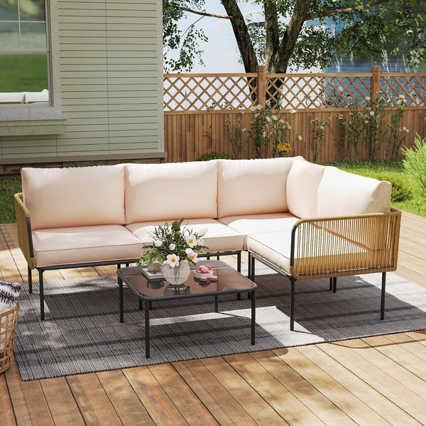 Patio Furniture Set, 5 Piece Outdoor Patio L-Shaped Conversation Set with Cushions and Table, All-Weather Rattan Woven Sectional Sofa for Backyard, Porch, Boho Detachable Lounger (Beige)1