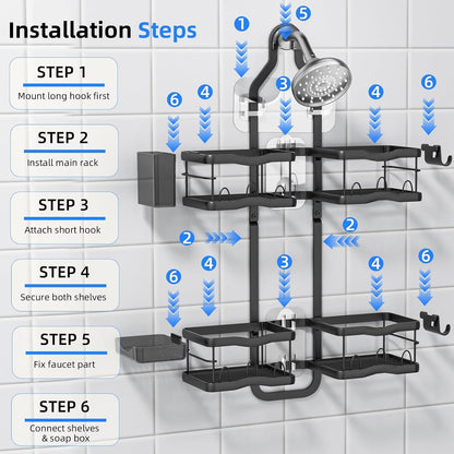 Aluminum Alloy Shower Caddy Hanging, No Drilling over the Shower Head Caddy, 2 Levels Showers Rack Organizer with Hooks, Razor Holder, Soap Holder6