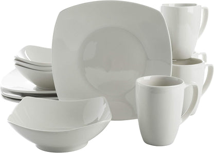 Amelia Court Porcelain Chip and Scratch Resistant Dinnerware Set, Service for 4 (12Pcs), White (Soft Square)1