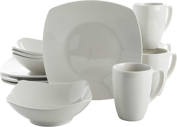 Amelia Court Porcelain Chip and Scratch Resistant Dinnerware Set, Service for 4 (12Pcs), White (Soft Square)1