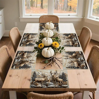 Deer Linen Placemats for Dining Table 12X18, Rustic Washable Fabric Table Mats with Rounded Corners, Decorative Large Desk Pad for Kitchen (Set of 6)4