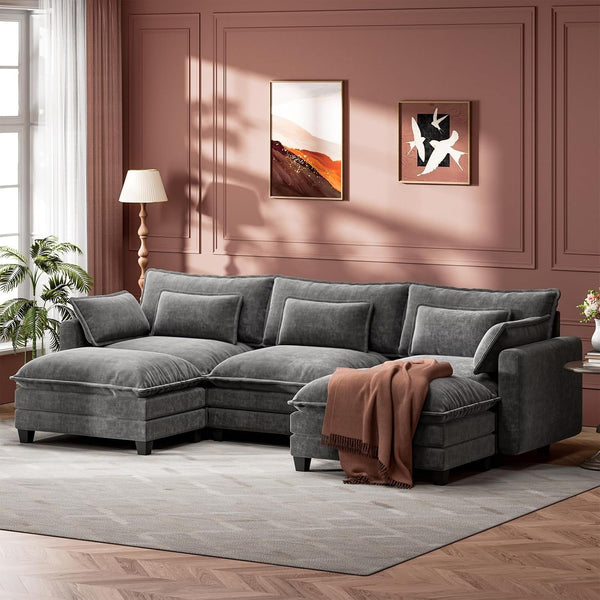 Modular Sectional Sofa 110.6" U-Shaped Modern Comfy Cloud Couch, 5-Seat Chenille Deep Seat Sofa with Throw Pillow & Movable Ottoman for Living Room, Bedroom and Apartment, Slate Gray1