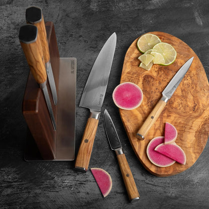 Magnetic Kitchen Knife Block Set - Japanese 67 Layer High-Grade VG-10 Steel Knives, Sharp, Professional Kitchen Knife Set - Damascus (6 Pieces), Olive Wood Handles4