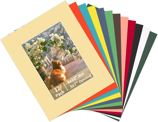 12 Packs Mixed Colors 8X10 Picture Frame Mats for 5X7 Photos, Artworks and Prints, White Core Bevel Cut Frame Mattes1