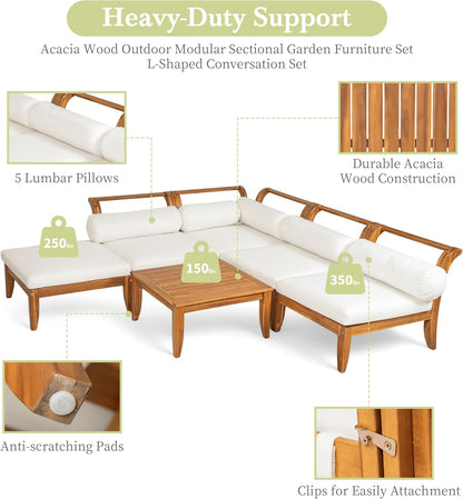 6 Pieces Patio Furniture Set, Outdoor L-Shaped Sectional Sofa Set with Coffee Table, Acacia Wood Conversation Seating & Cushions and Lumbar Pillows, for Garden, Poolside and Backyard, Teak+Beige4