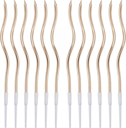 24 Pcs Champagne Spiral Long Thin Birthday Candles,Cake Candles, Birthday Parties, Wedding Decorations, Party Candles， Candles with Holders, Metallic Finish1