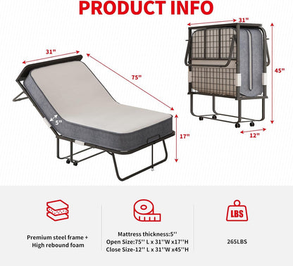 Rollaway Bed with Mattress for Adults, Twin Size Folding Bed with 5” Foam Mattress, Portable Foldable Guest Beds - Sturdy Metal Frame & Dustproof Bag, Hideaway, (75" X 31")3
