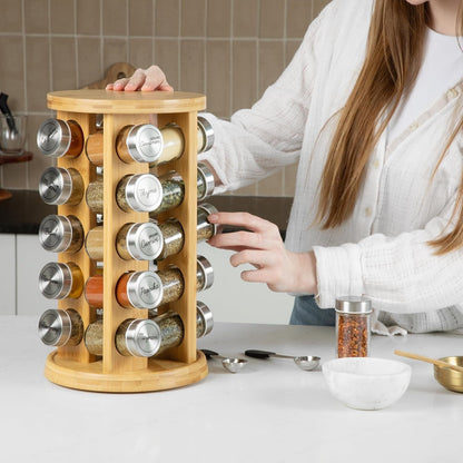 20 Jar Rotating Bamboo Spice Rack with Spices Included & 5-Year Free Spice Refill Program – Revolving Countertop Spice Rack with Glass Jars6