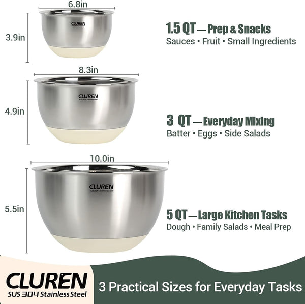 304 Stainless Steel Mixing Bowls Set, 3-Piece (1.5, 3 & 5 QT)3