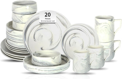 20 Piece Plates and Bowls Sets, Fine China Artisan Marbled Dinner Set for 4, Dishwasher Safe Dinnerware Set, Scratch Resistant, Grey1