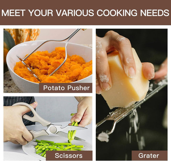 Kitchen Utensils Set-Silicone Cooking Utensils-33Pcs Non-Stick Silicone Cooking Kitchen Utensils Spatula Set with Holder-Best Kitchen Cookware with Stainless Steel Handle (Khaki)9