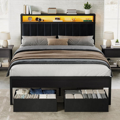 Full Bed Frame with LED Lights & 2-Tier Storage Headboard1