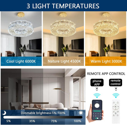 16'' Modern Crystal Pendant Lighting for Dining Room LED Dimmable Chandeliers Crystal Ceiling Light Fixtures for Living Room Foyer Hallway Entryway Gold4