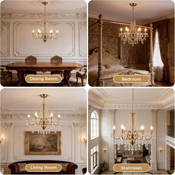 Gold Crystal Chandelier, 6-Light Candle Style French Chandelier with Clear Crystal, 25" Vintage Modern Farmhouse Dining Room Chandelier Light Fixture for Living Room Bedroom Kitchen Foyer Stairway3