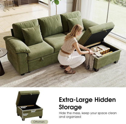 86" Modular Sectional Sleeper Sofa Bed, L Shaped 4 Seat Pull Out Couch with Storage Ottoman, Convertible Cloud Couch Bed, Sectional Couches for Living Room, Apartment (Green)4