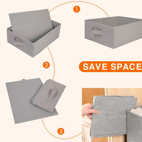 Fabric Storage Bins Set of 4 Rectangle Storage Baskets with Handle Foldable Closet Organizer for Clothes Towel Bedding Books Collapsible Clothing Container for Shelves Bedroom(Gray Low)3