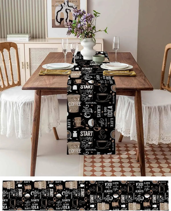 Coffee Theme Table Runner - 72 Inch Long Farmhouse Retro Black Cotton and Linen Blended Dress Scarves Table Runner for Kitchen Dining, Coffee Table, 13" X 723