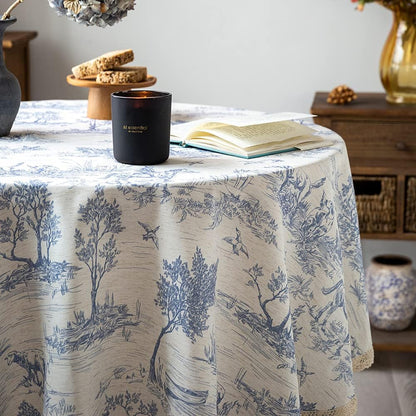 Rustic Tablecloth Classic French Village Printed Linen Fabric Table Cover Farmhouse Decoration 90 Inches round Blue for Kitchen Dining2