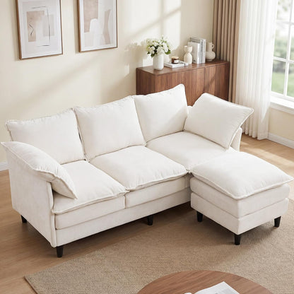 69" Couch Sofa L-Shape 3 Seat with Ottoman, Small Cloud Sofa Double-Layer Cushion 23" Deep Seat Washable Chenille Pillows Couches for Living Room Apartment Office 69-Beige-L1