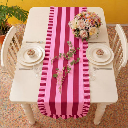 Ruffle Edge Striped Table Runner, 72X15.7 Inch, Pink Rose Red4