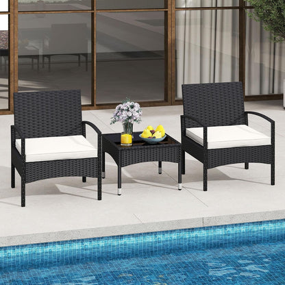 3-Piece Patio Furniture Set, Rattan Bistro Chairs with Soft Cushions, Tempered Glass Top Coffee Table, Outdoor Wicker Conversation Set for Porch Balcony Backyard Poolside (Beige)3