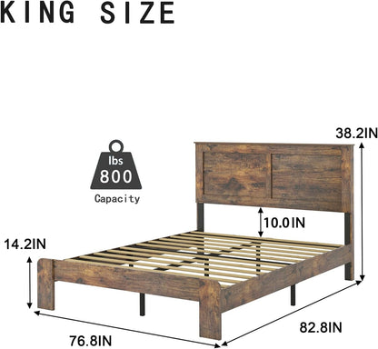 Wood King Bed Frame with Headboard, Vintage Brown2