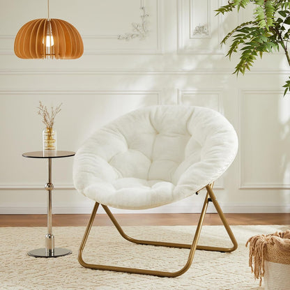 Faux Fur Saucer Chair, Foldable Comfy Chair for Bedroom, White | Lounge XL Moon Mushroom Style, Circle round Oversized Accent Seat, Gaming Dorm Small Spaces, Comfortable Modern9