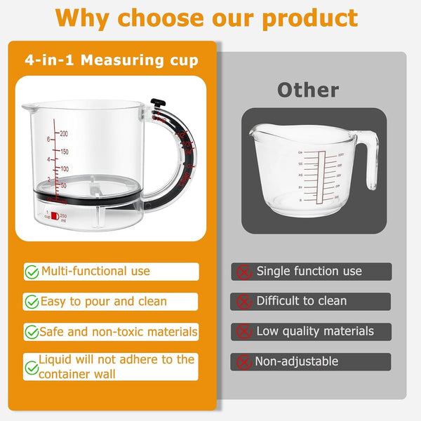 4-In-1 Adjustable Measuring Cup with Base, Multi Measurement for 1/4 to 1 Cup, ML/OZ, Scraper Base for No Waste, Dishwasher Safe4