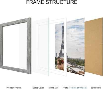 11X15 Picture Frame Set of 4, Made of Real Glass and Grey Frame - Display Picture 10X14 with Mat or 11X15 without Mat, 11 by 15 Photo for Wall Mounting3